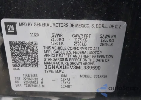 2021 Chevrolet Equinox Awd Lt from USA, damaged, VIN 3GNAXUEV3ML339590